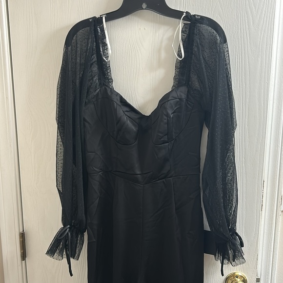 lulu’s Modern Black Satin Mesh Long Sleeve Bustier Jumpsuit - Picture 3 of 8